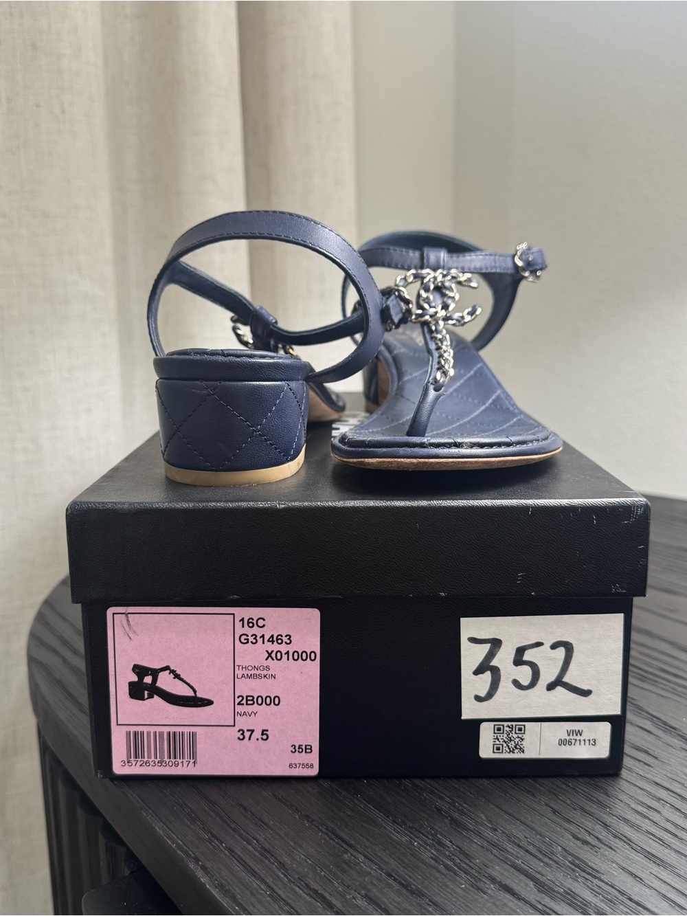 Chanel CC Chain Strap Thong Sandals Leather Navy Blue 37.5 - Picture 9 of 9